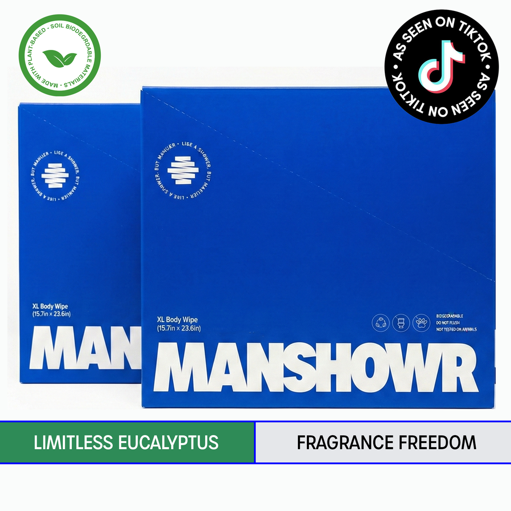Manshowr XL Cooling Body Wipes - Eucalyptus and Fragrance Freedom - 2 Box Bundle (24 Wipes)