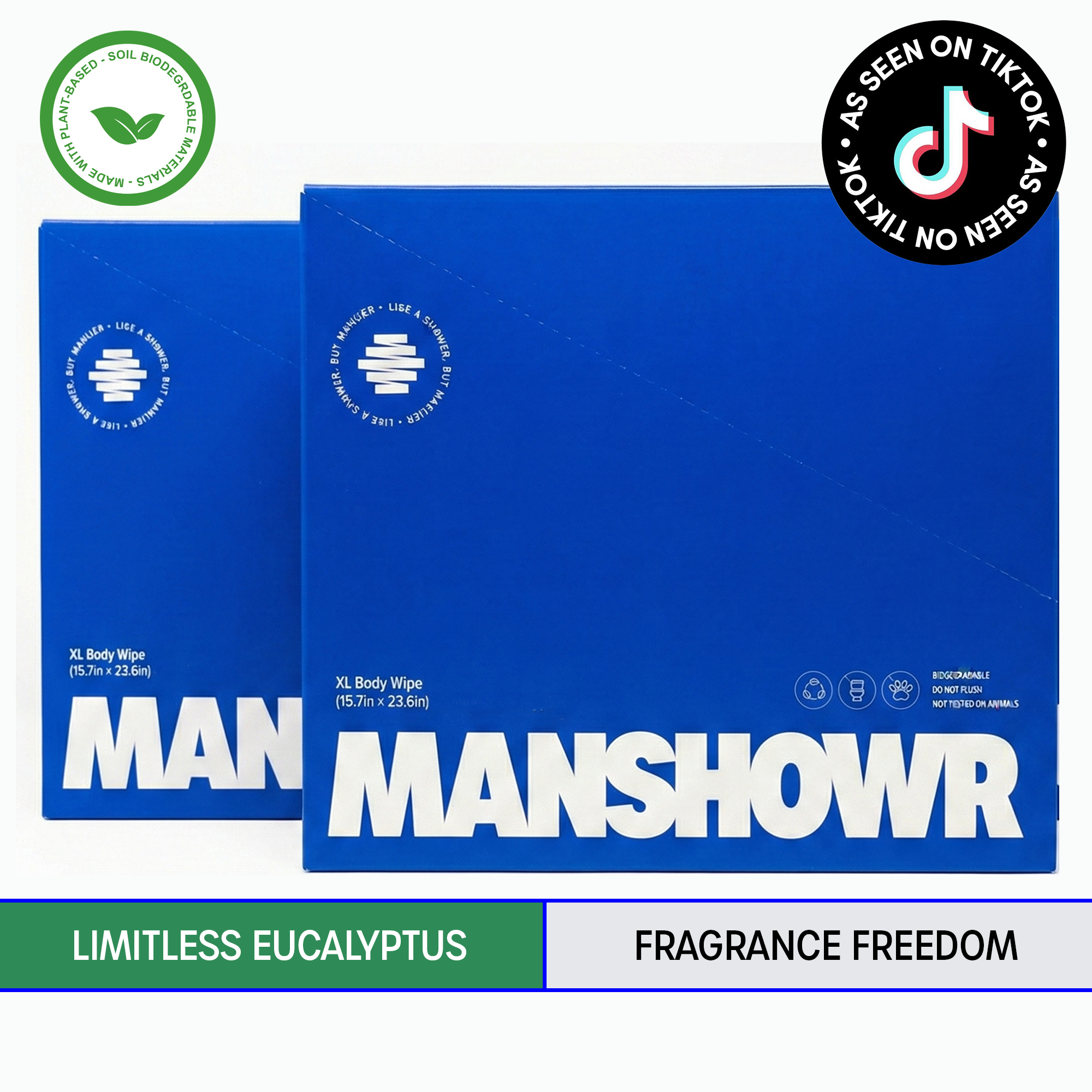 Manshowr XL Cooling Body Wipes - Eucalyptus and Fragrance Freedom - 2 Box Bundle (24 Wipes)
