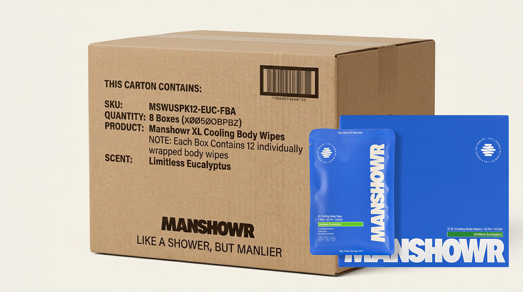 Wholesale Master Case - Manshowr XL Cooling Body Wipes - Limitless Eucalyptus - 8 Boxes of 12 Wipes (96 Wipes) - USA