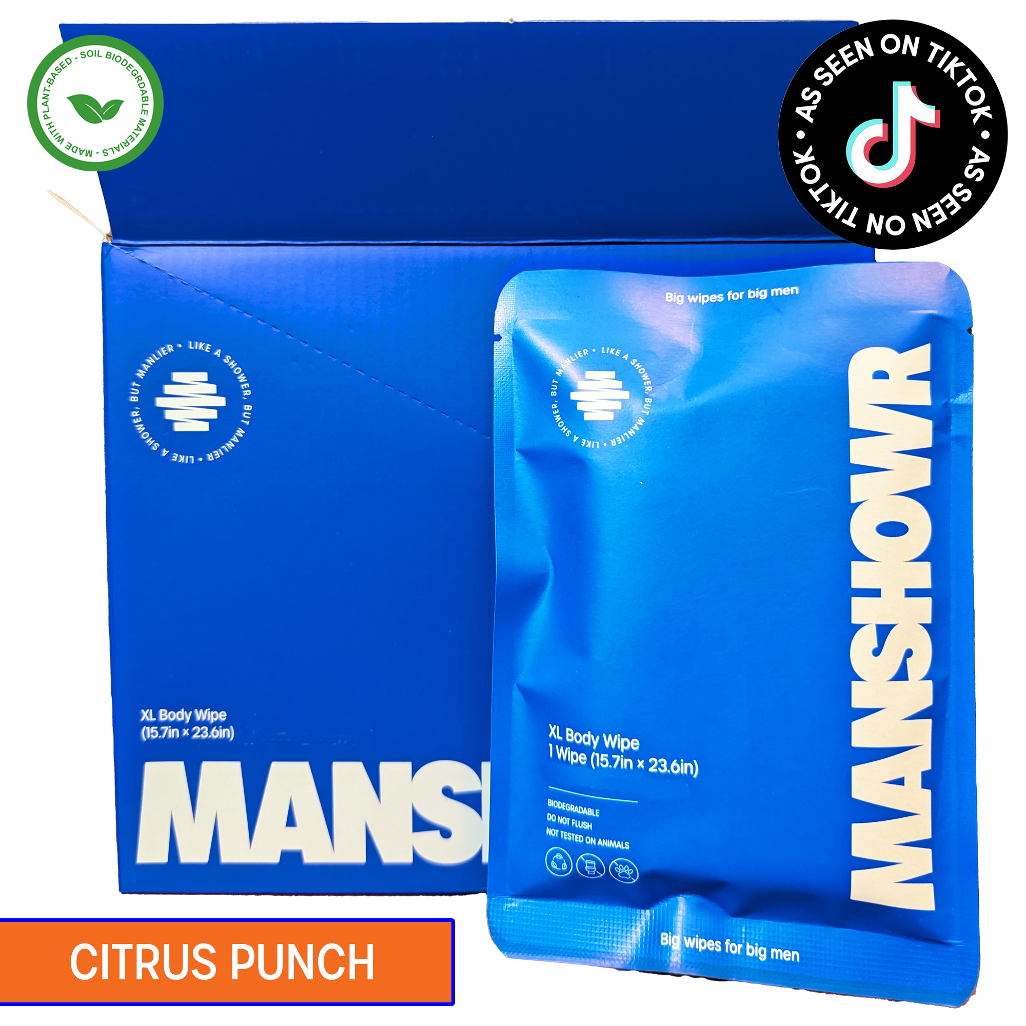 Manshowr XL Cooling Body Wipes - Citrus Punch - 1 Box (12 Wipes)